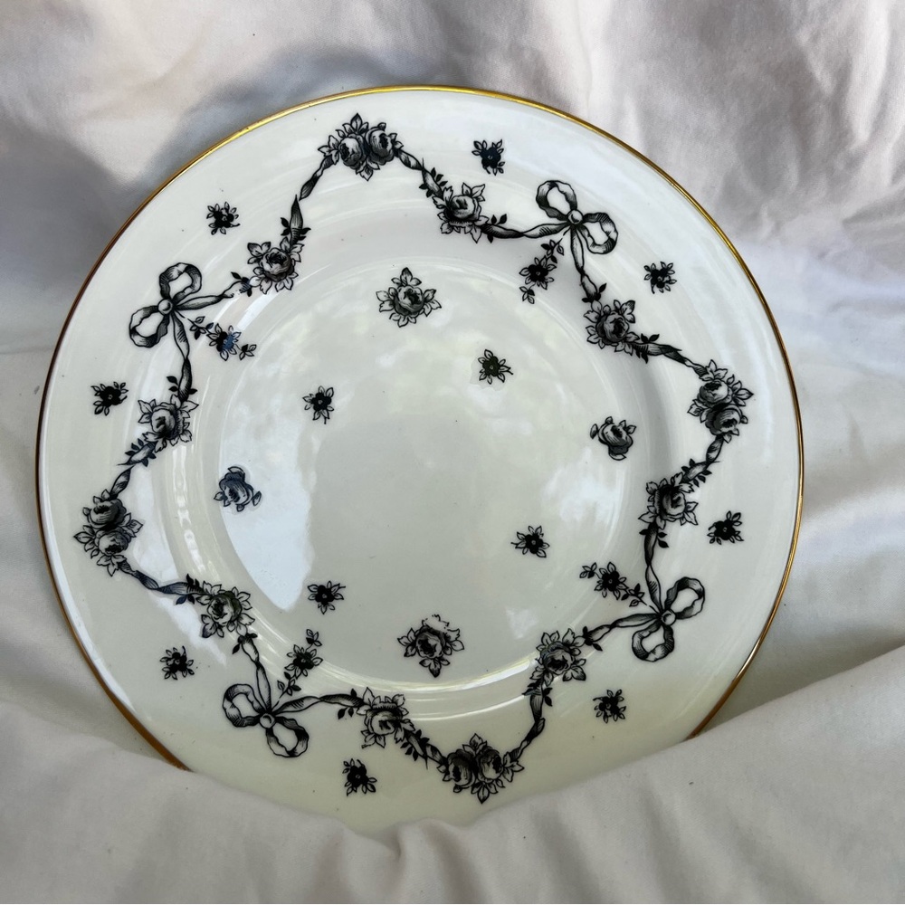 Elegant Royal Victoria Fine Bone China Plate - Black Rose & Ribbon Pattern